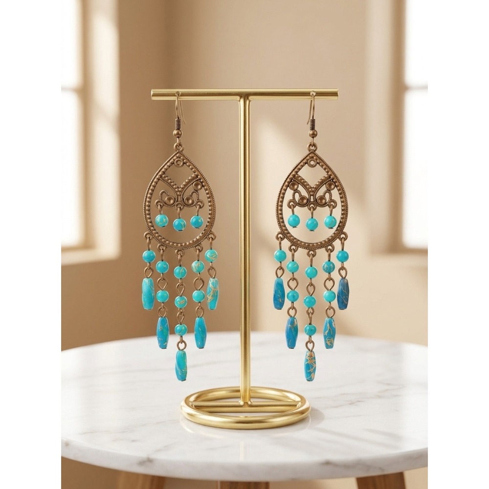 World Market Turquoise Beaded Chandelier Dangle Earrings Boho